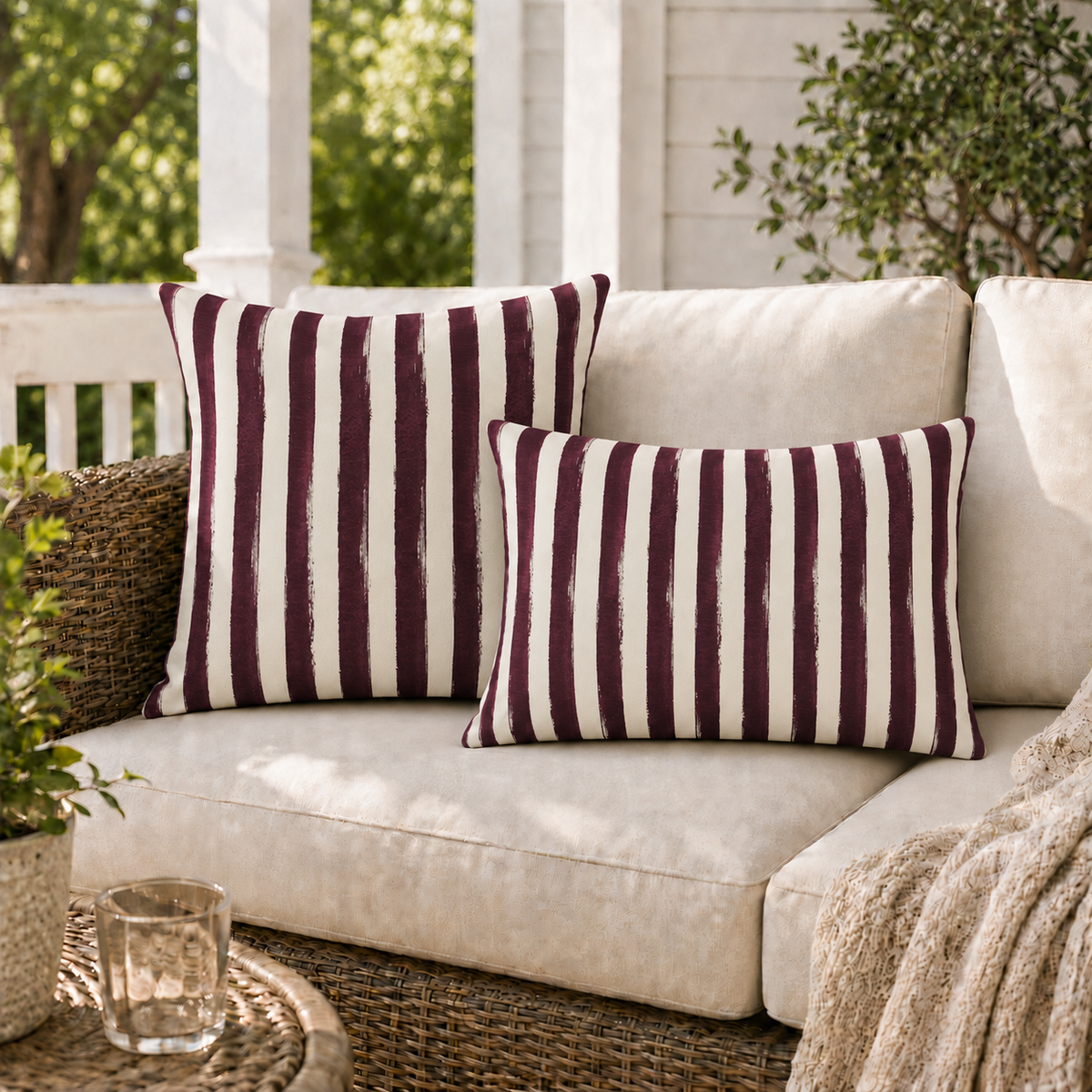Painted Stripe Plum Outdoor Pillow