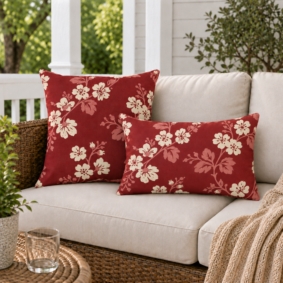 Blossom Branch Red Outdoor Lumbar Pillow