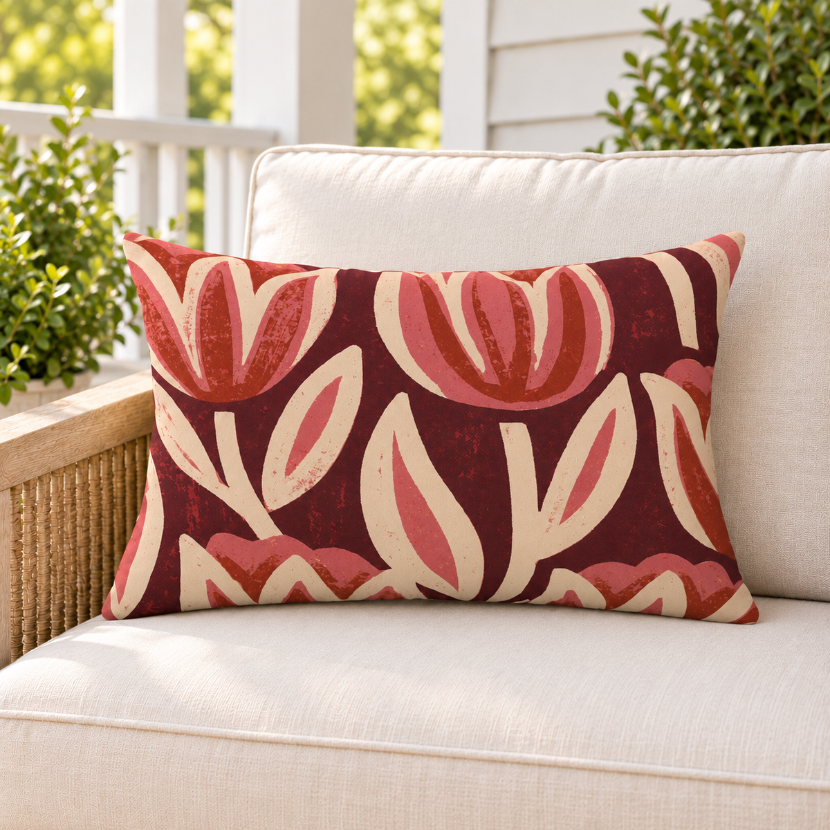 Block Print Tulip Red Outdoor Lumbar Pillow