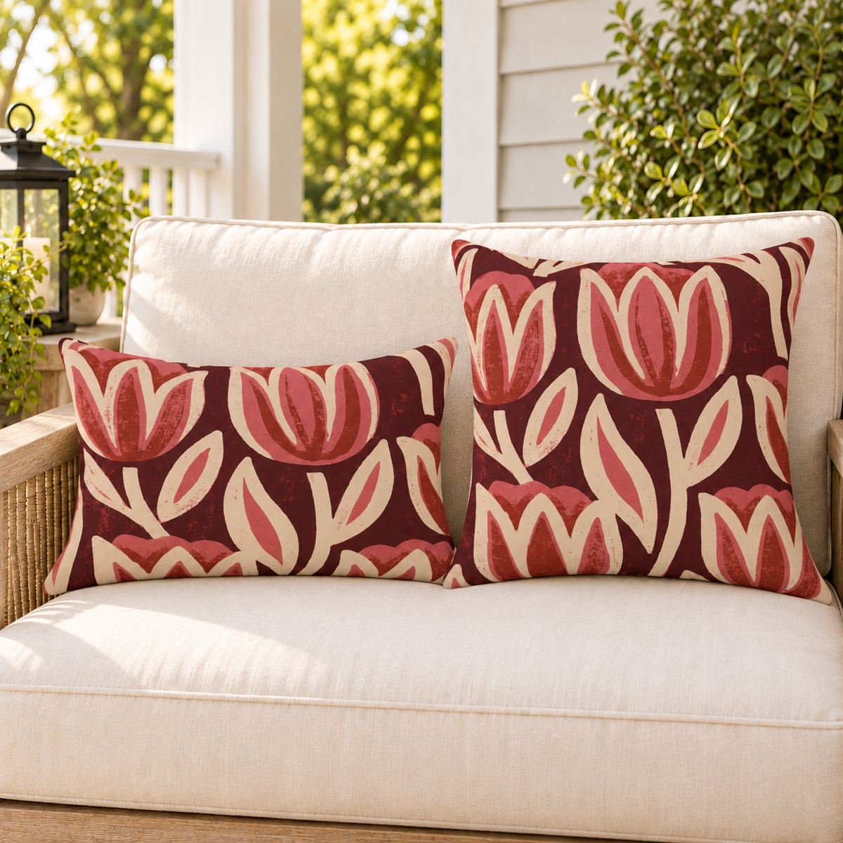 Block Print Tulip Red Outdoor Lumbar Pillow