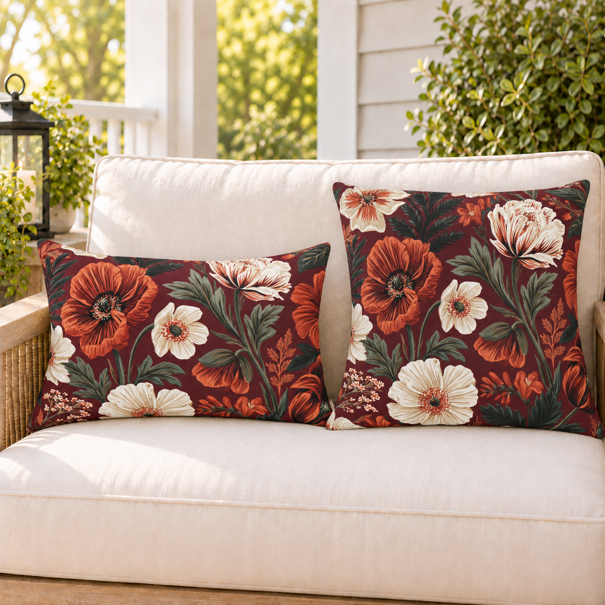 Burgundy poppy floral outdoor pillow and outdoor lumbar pillow styled together as a set