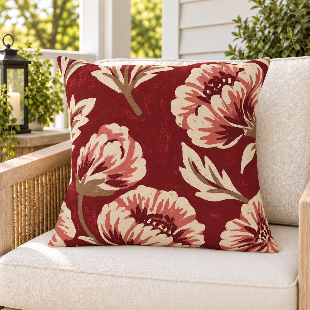 Painted Peony Red Outdoor Pillow