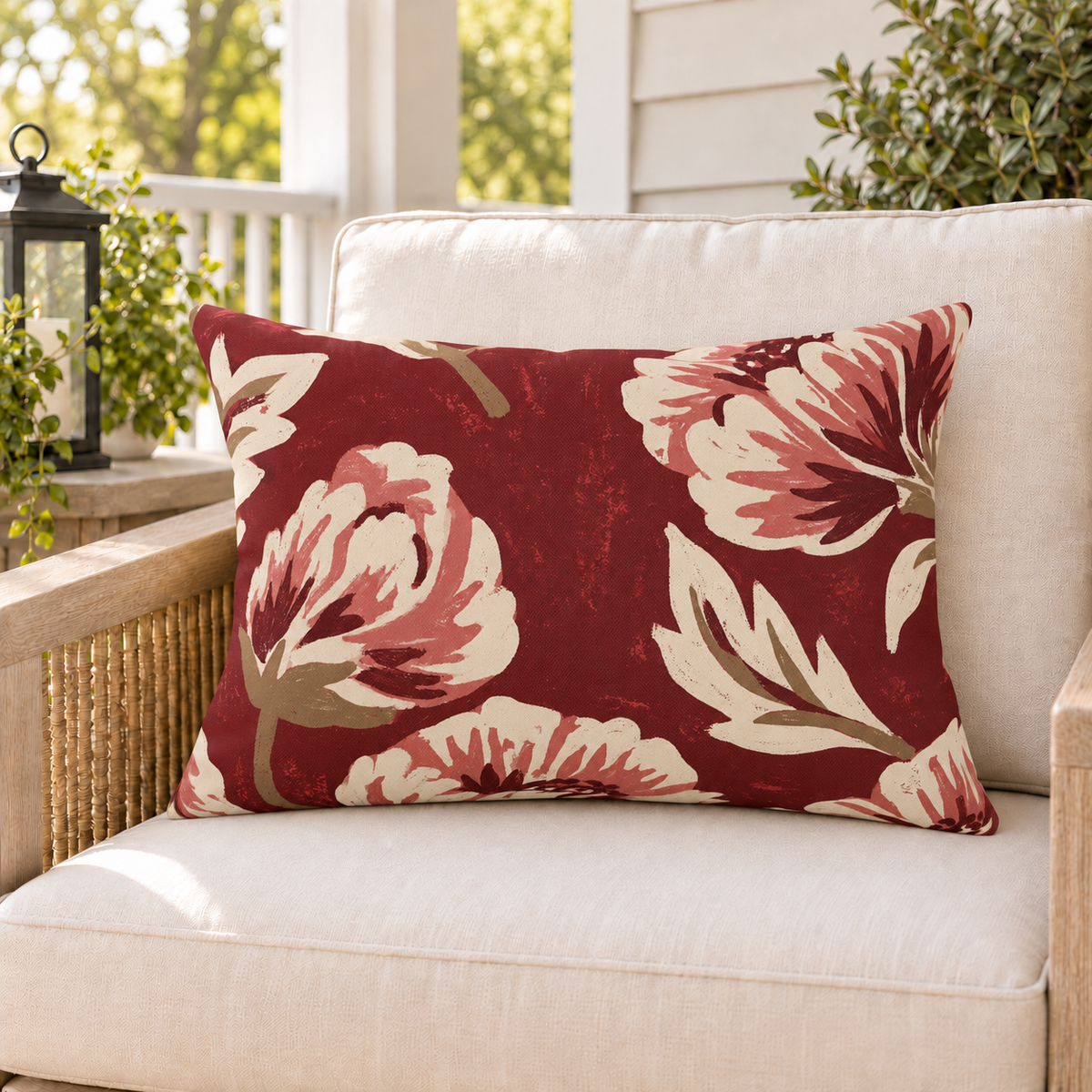 Painted Peony Red Outdoor Lumbar Pillow