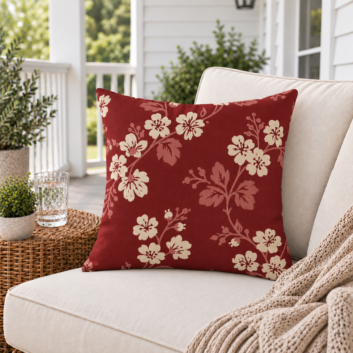 Blossom Branch Red Outdoor Pillow