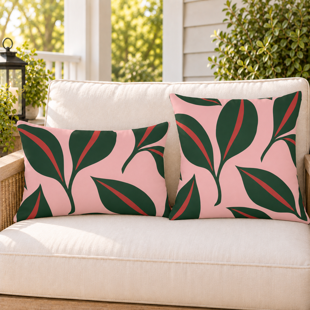 Pink and green leaf outdoor pillow and outdoor lumbar pillow styled together as a set