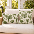 Olive green botanical herb outdoor pillow and outdoor lumbar pillow styled together as a set