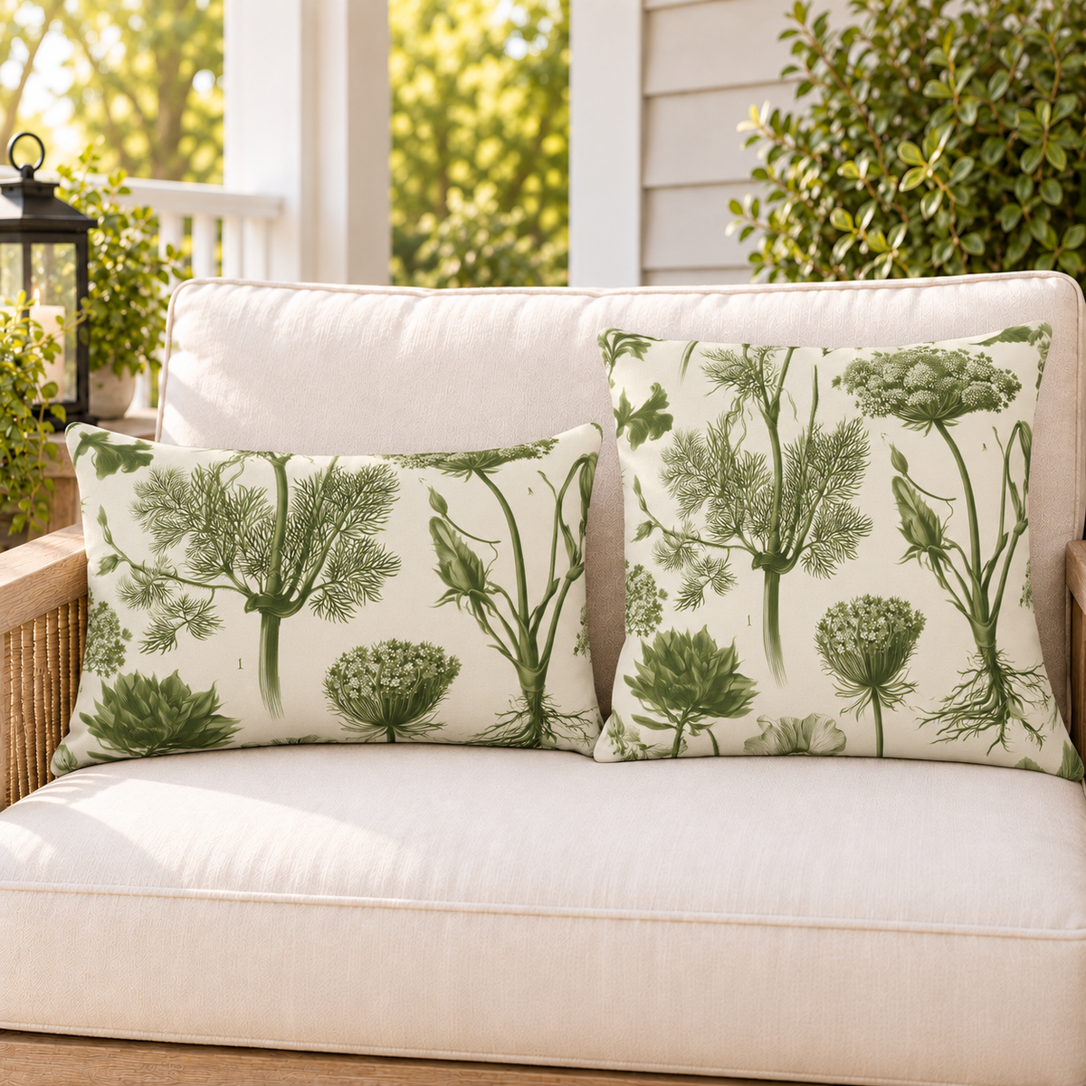 Olive green botanical herb outdoor pillow and outdoor lumbar pillow styled together as a set