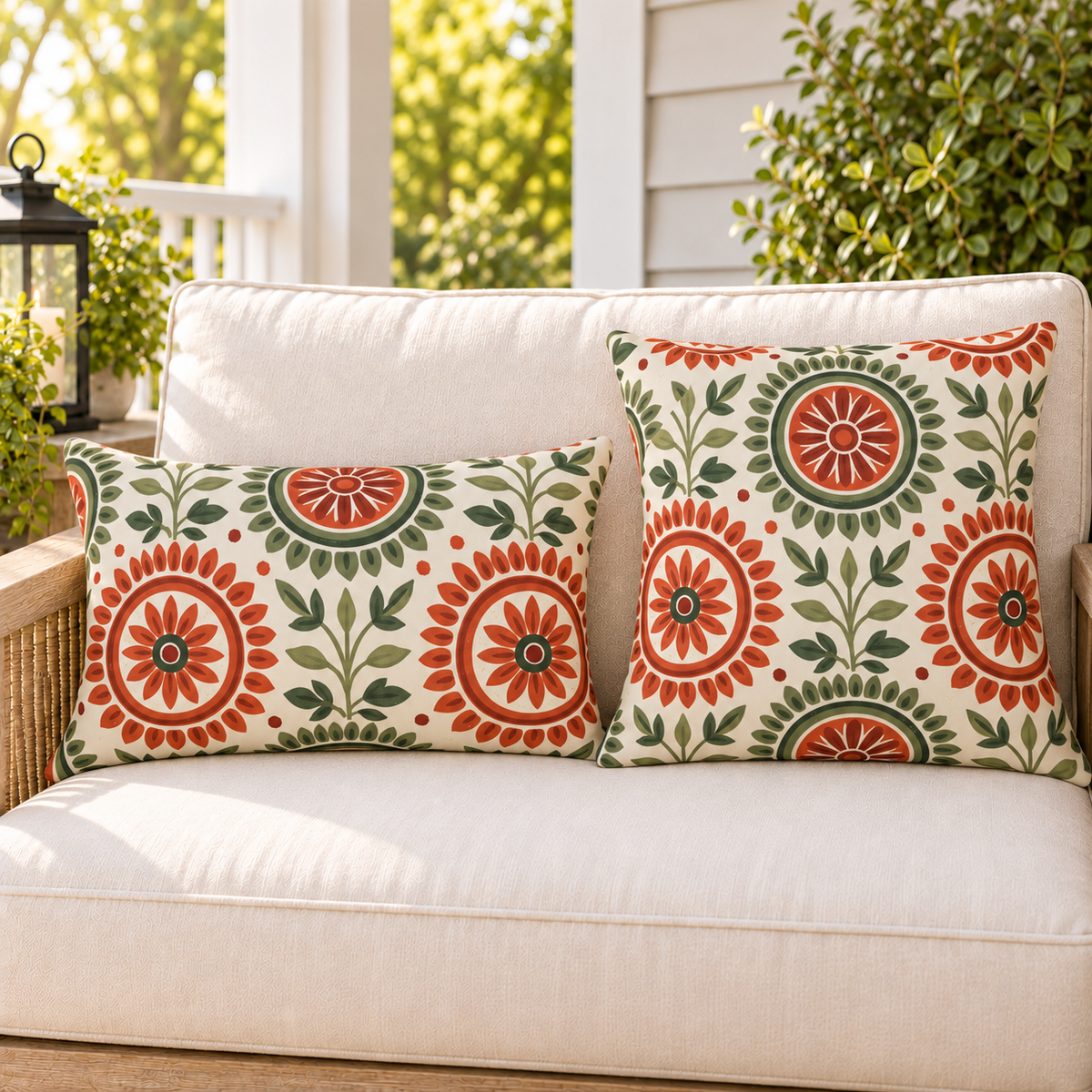Terracotta and sage folk medallion outdoor pillow and outdoor lumbar pillow styled together as a set