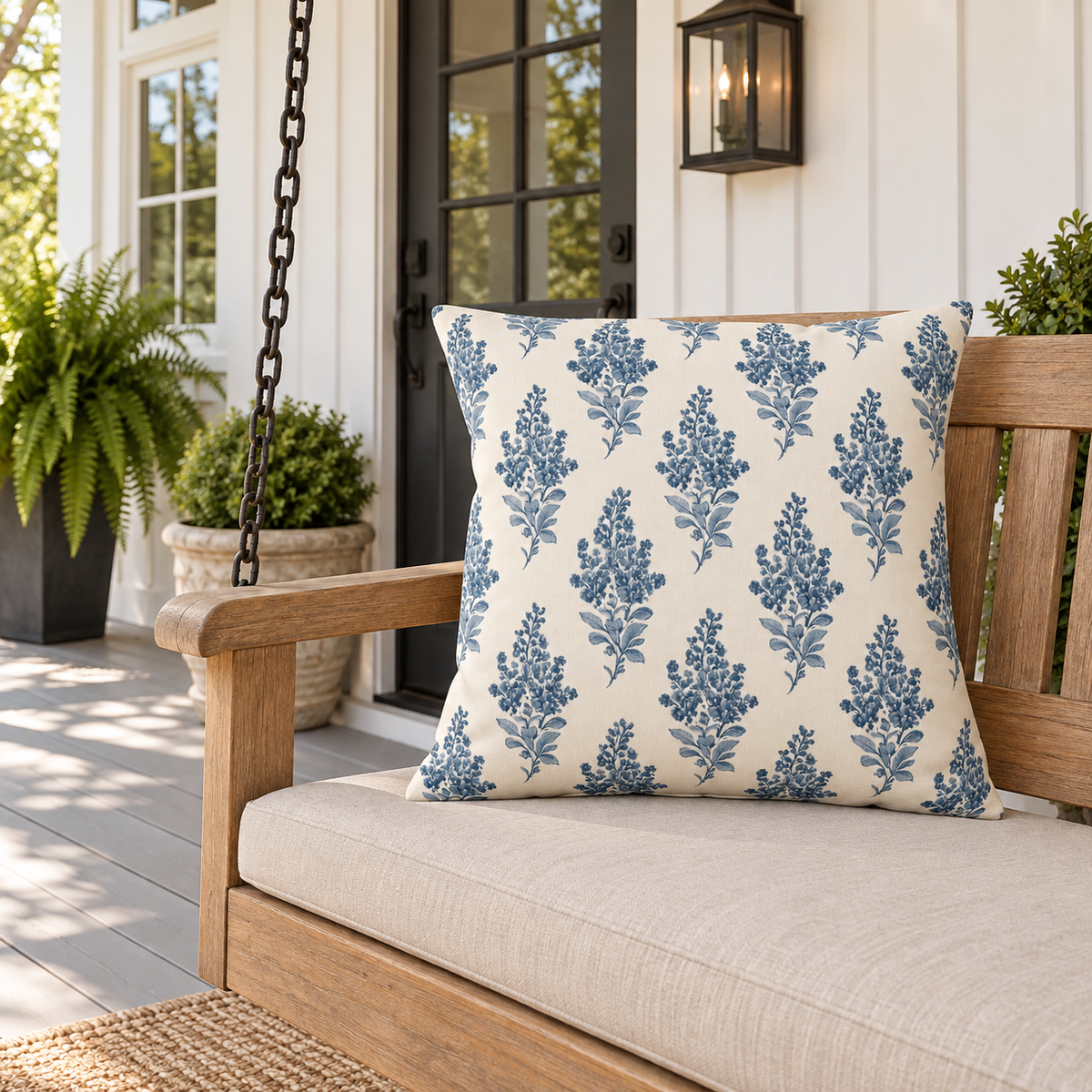Blue botanical outdoor pillow on an American porch