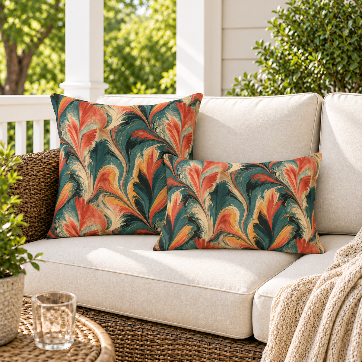 Marbled Swirl Coral Outdoor Pillow