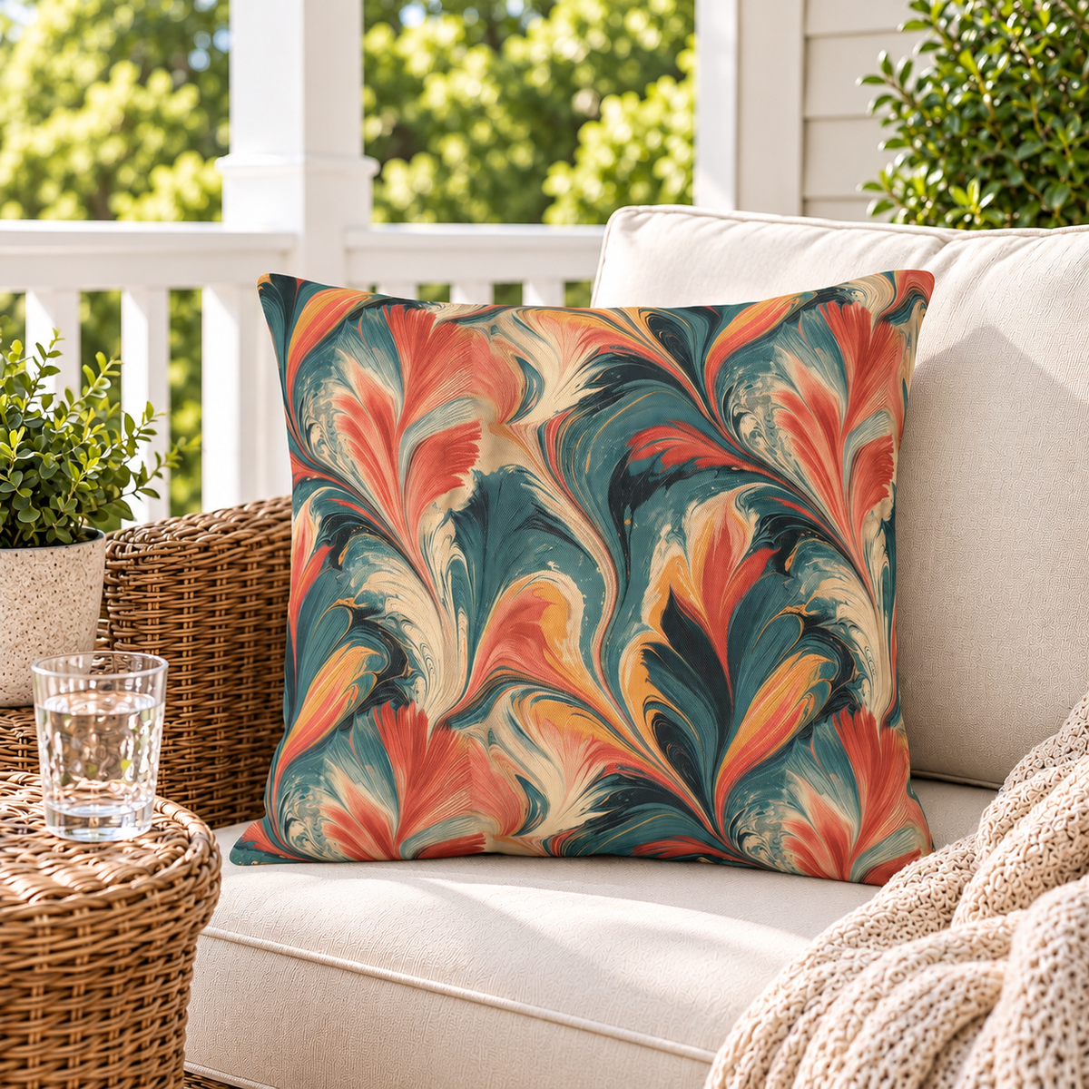 Marbled Swirl Coral Outdoor Pillow