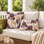 Purple Art Nouveau iris outdoor pillows styled together on a porch
