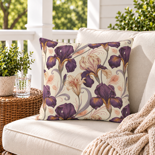 Purple Art Nouveau iris outdoor pillow styled on a porch