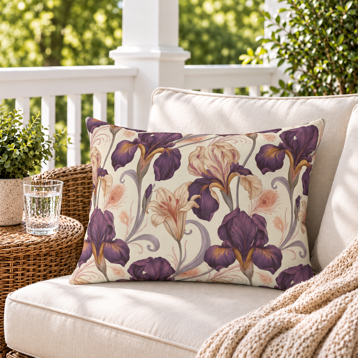 Purple Art Nouveau iris outdoor lumbar pillow styled on a porch