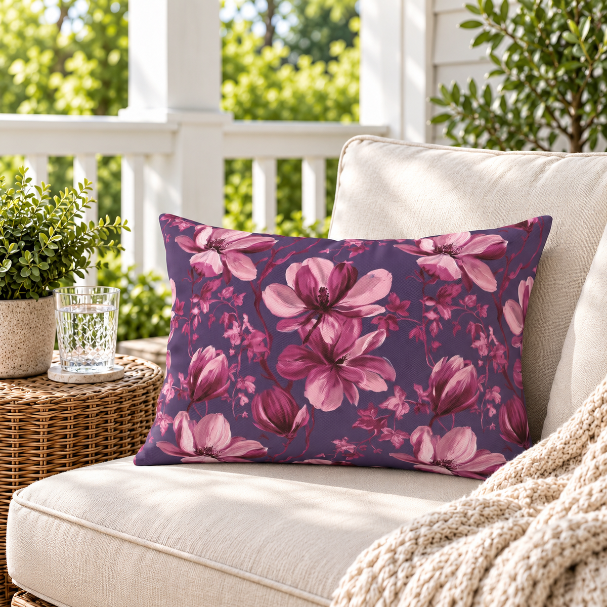 Magnolia Plum Outdoor Lumbar Pillow