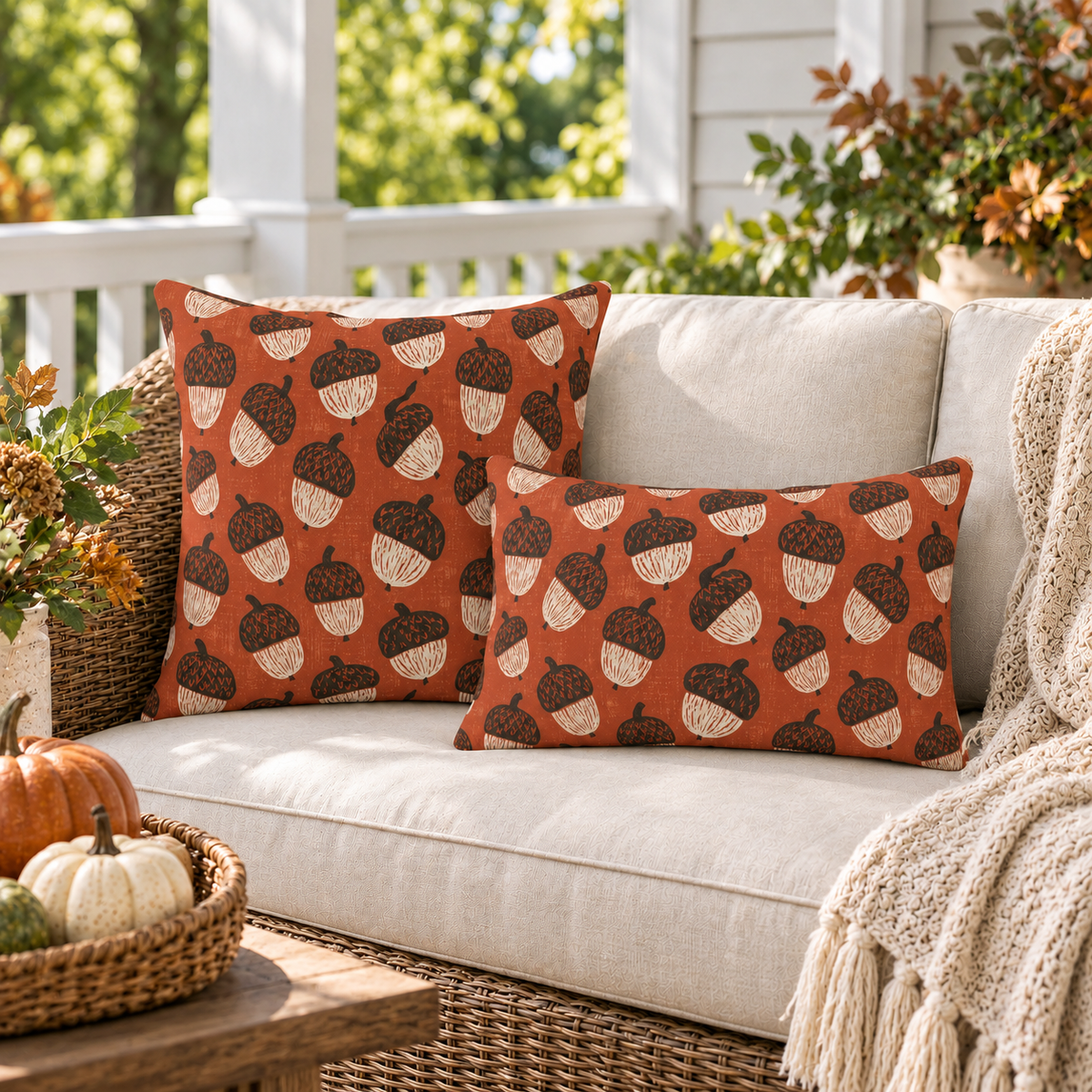 Block-printed acorn outdoor pillows in rust orange styled together on a porch