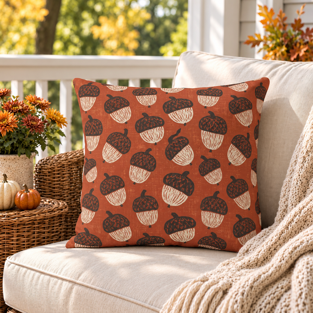 Block-printed acorn outdoor pillow in rust orange styled on a porch