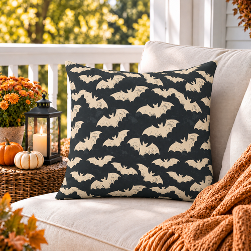 Bone white bat block print outdoor pillow on charcoal styled on a porch