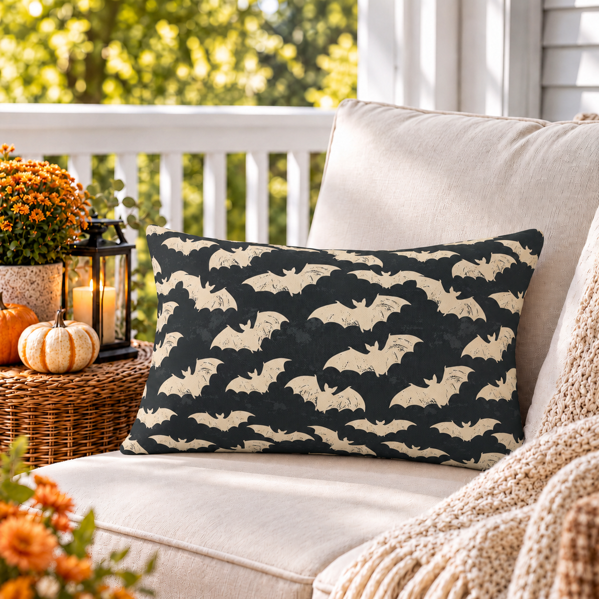 Bone white bat block print outdoor lumbar pillow on charcoal styled on a porch