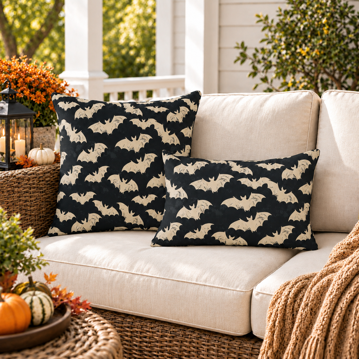 Bone white bat block print outdoor pillows on charcoal styled together on a porch