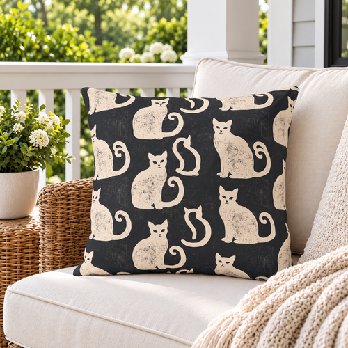 Block Print Cat Black Outdoor Pillow