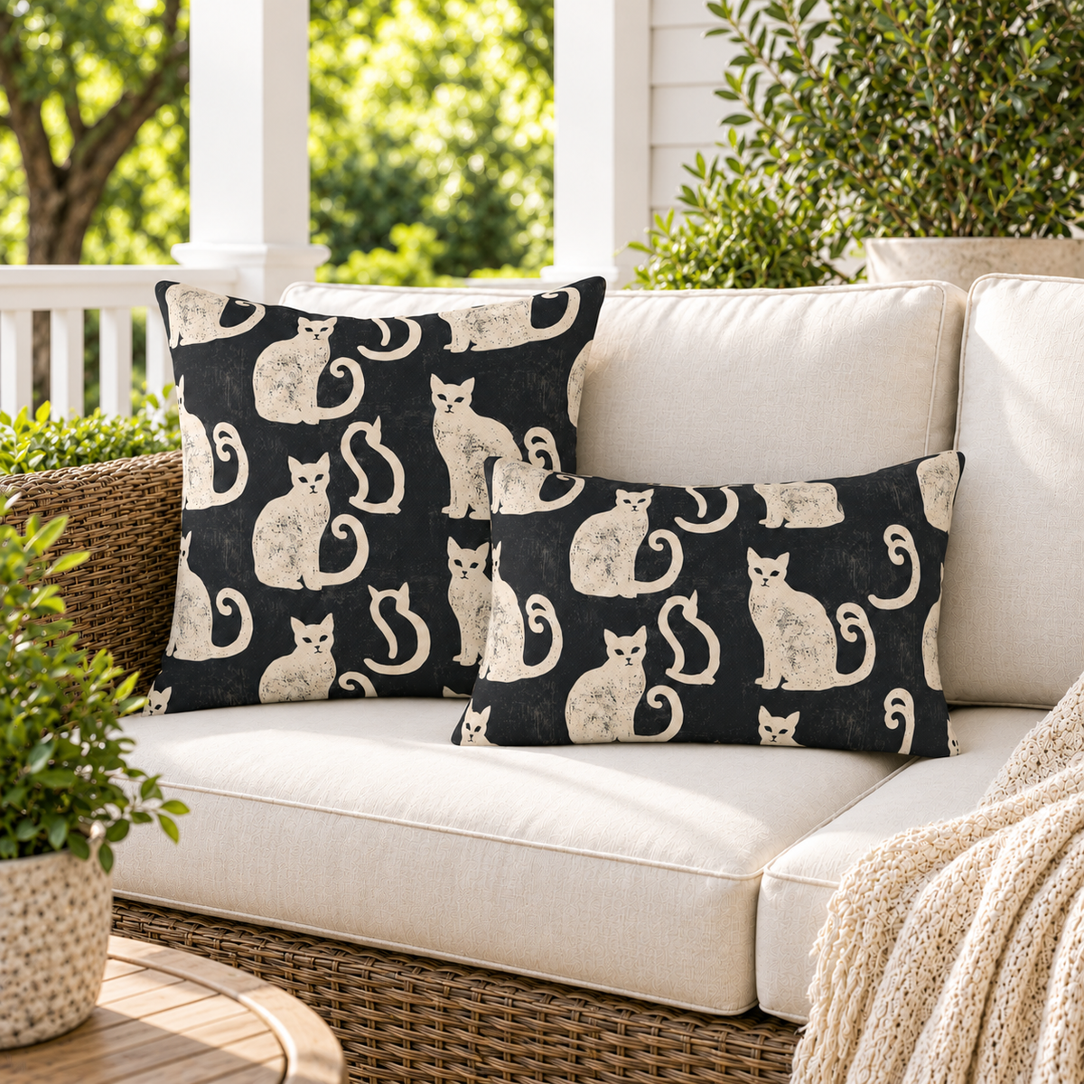 Block Print Cat Black Outdoor Lumbar Pillow
