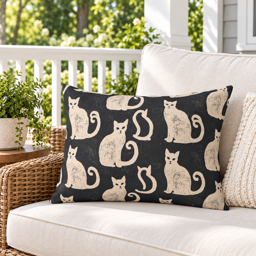 Block Print Cat Black Outdoor Lumbar Pillow