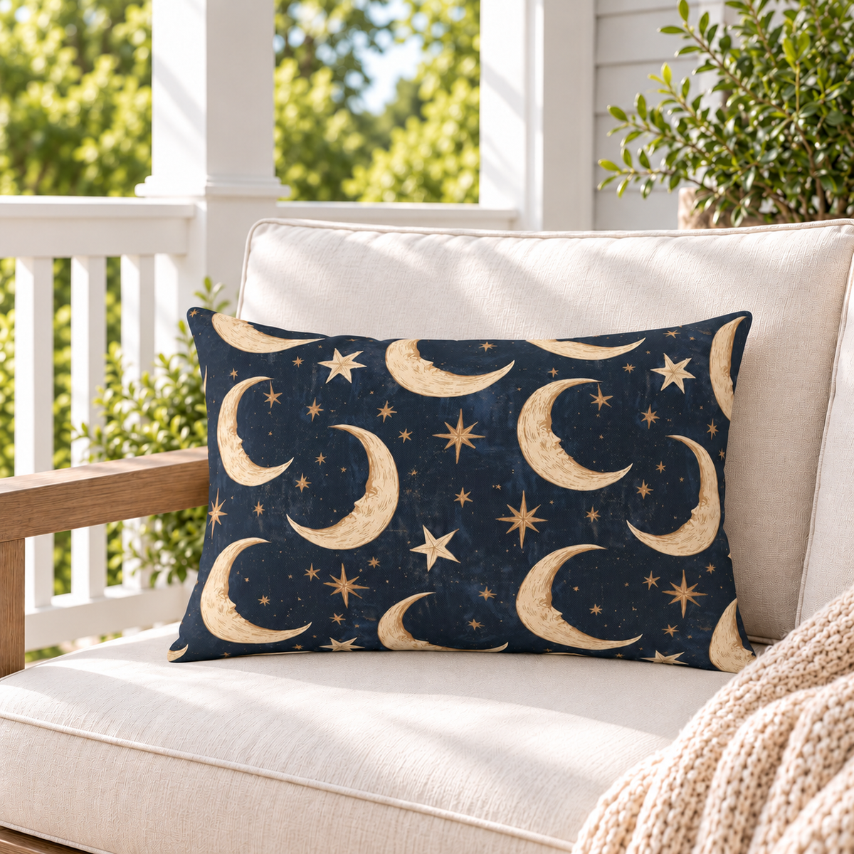Crescent Moon Navy Outdoor Lumbar Pillow