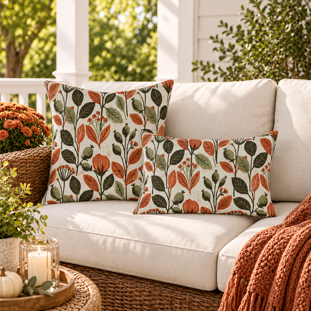 Autumn Botanical Rust Outdoor Lumbar Pillow