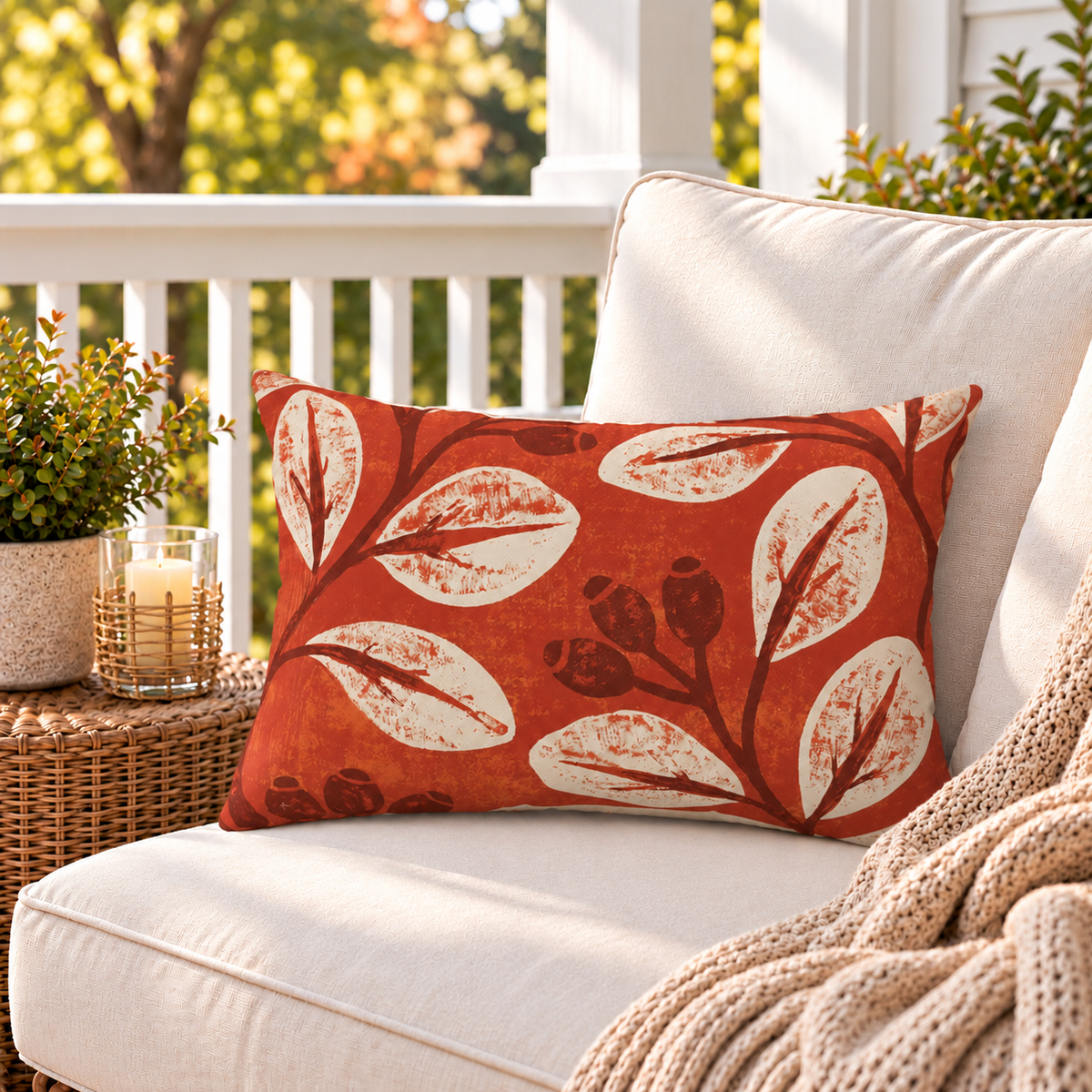 Rosehip Leaf Terracotta Outdoor Lumbar Pillow
