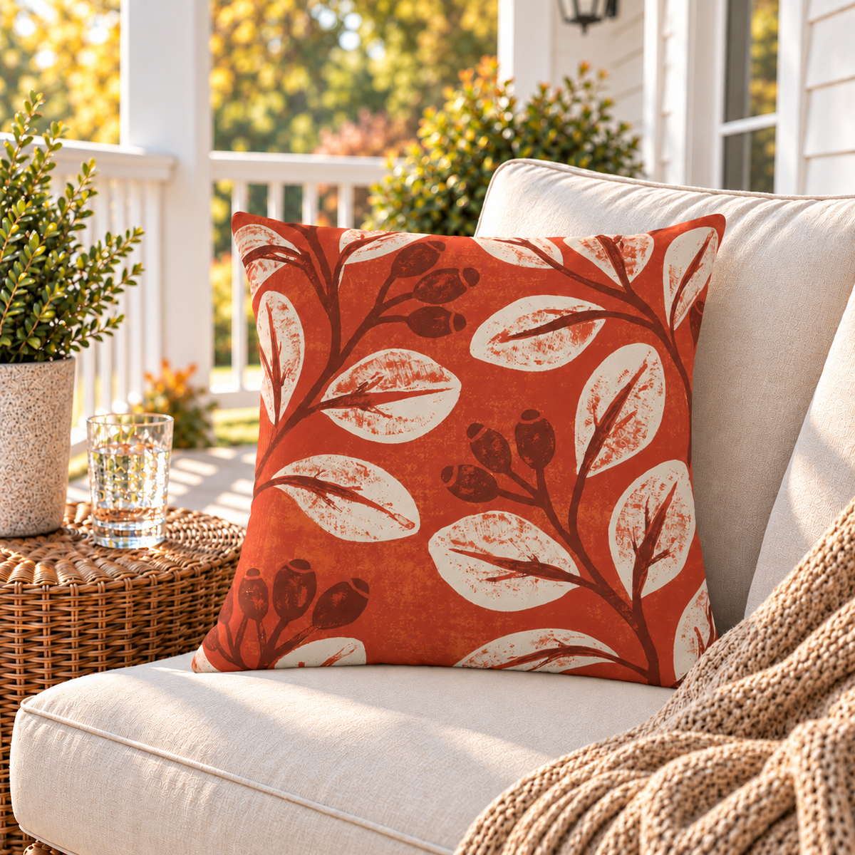 Rosehip Leaf Terracotta Outdoor Pillow