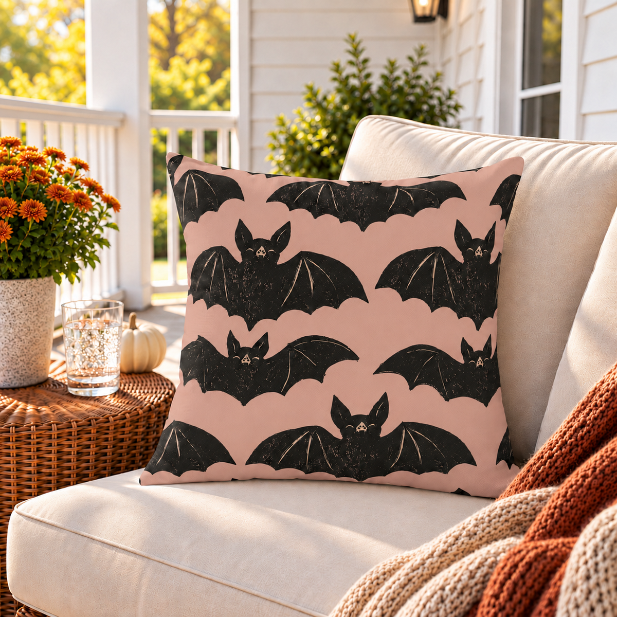 Block Print Bat Blush Outdoor Pillow