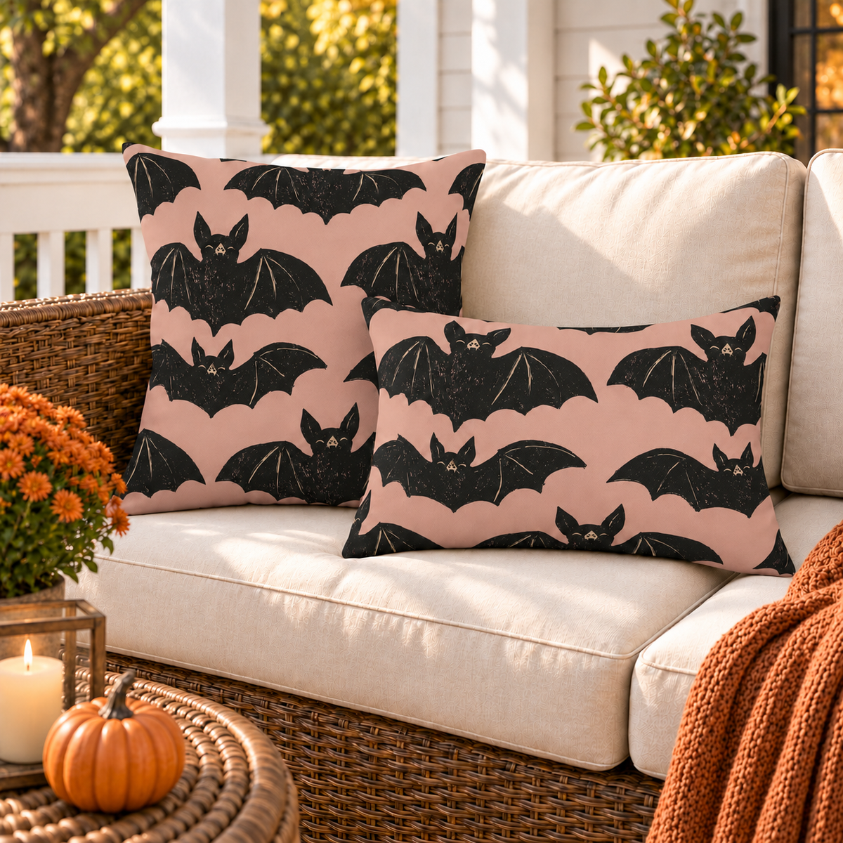 Block Print Bat Blush Outdoor Lumbar Pillow