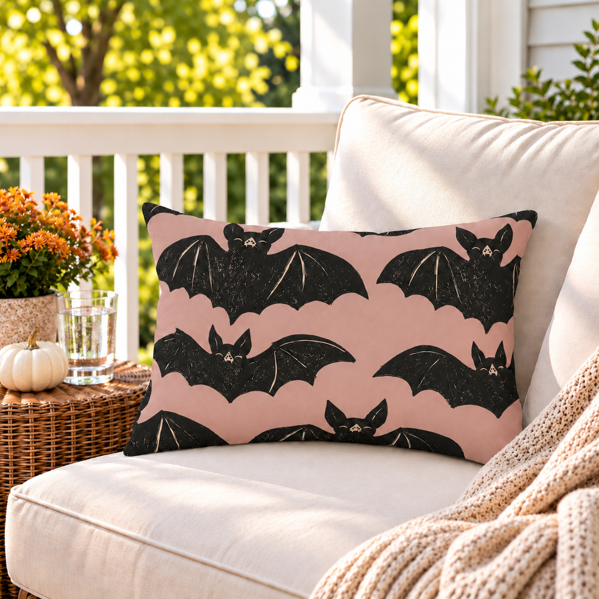 Block Print Bat Blush Outdoor Lumbar Pillow