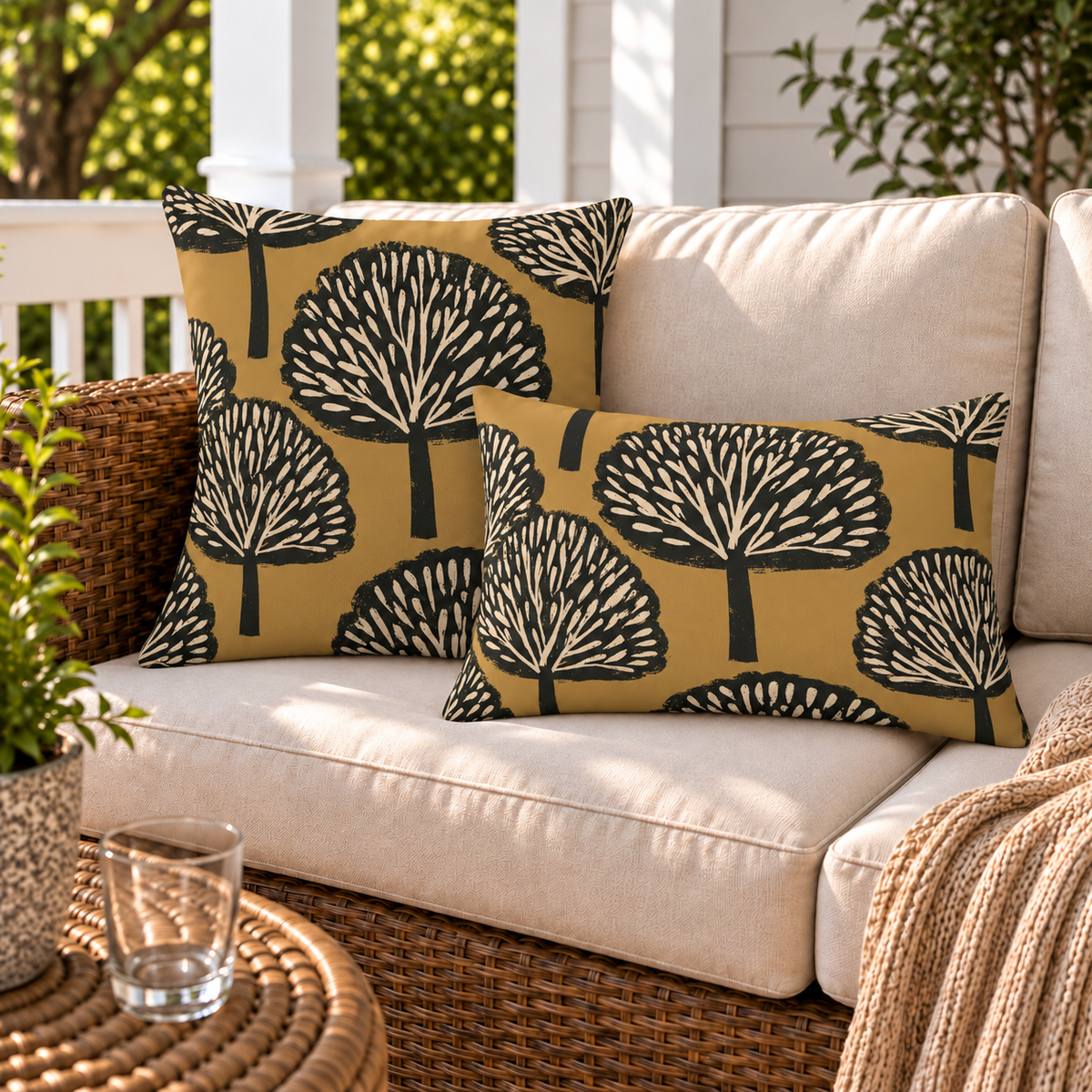 Block Print Tree Ochre Outdoor Lumbar Pillow