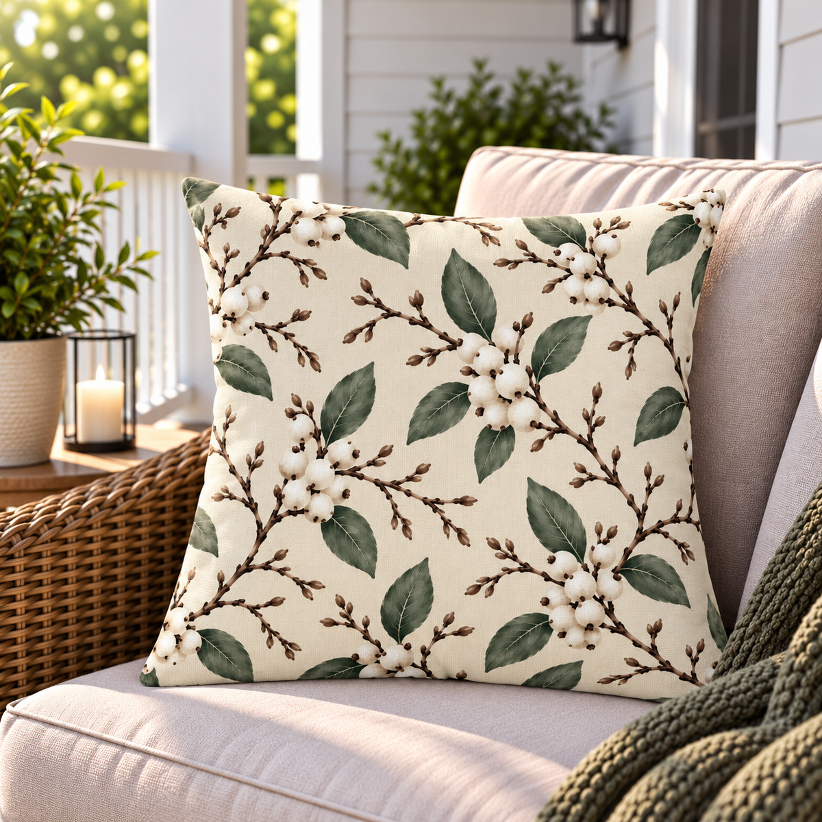 Cream outdoor pillow with snowberry branches, second view