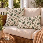 Winter outdoor pillows styled together on a porch sofa