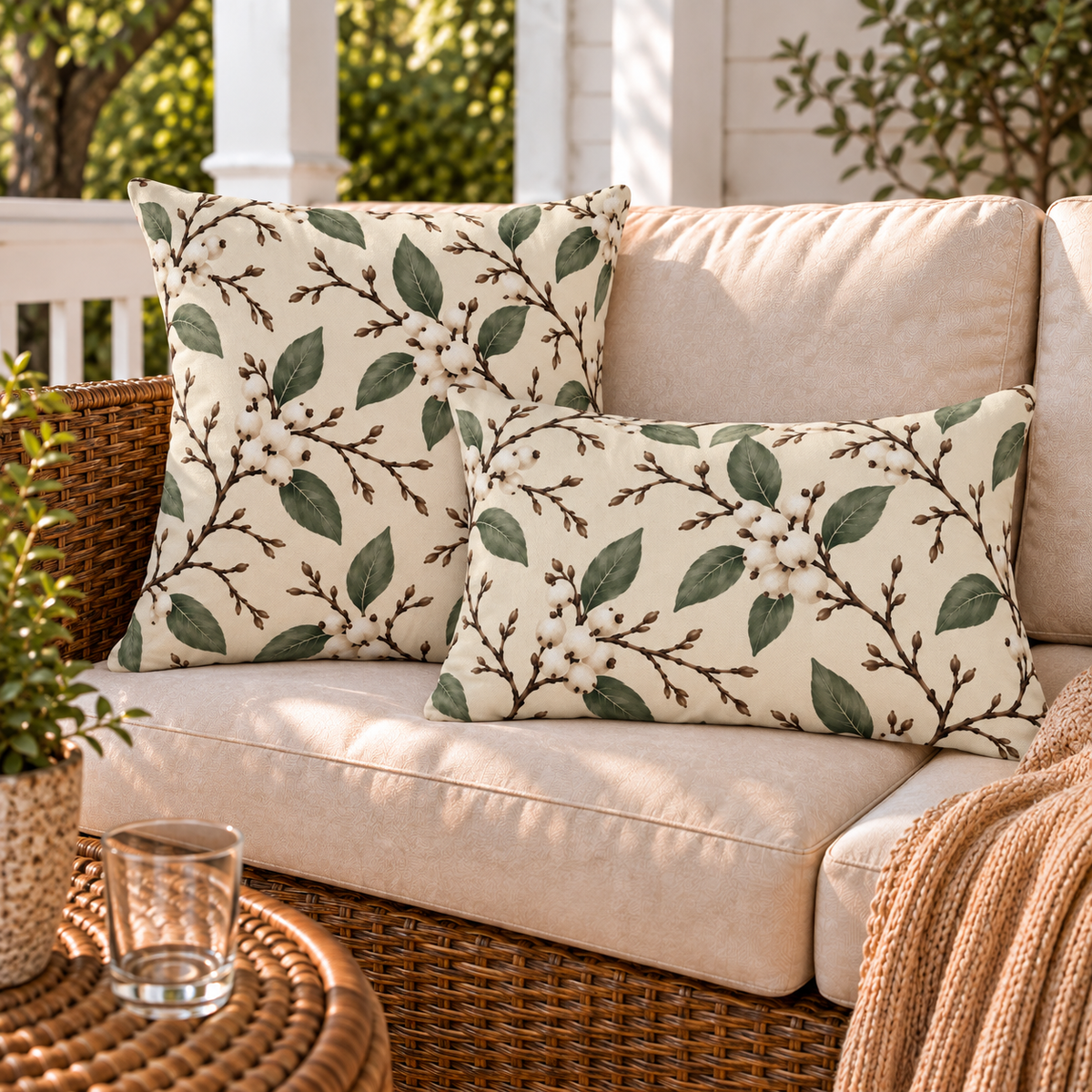 Winter outdoor pillows styled together on a porch sofa
