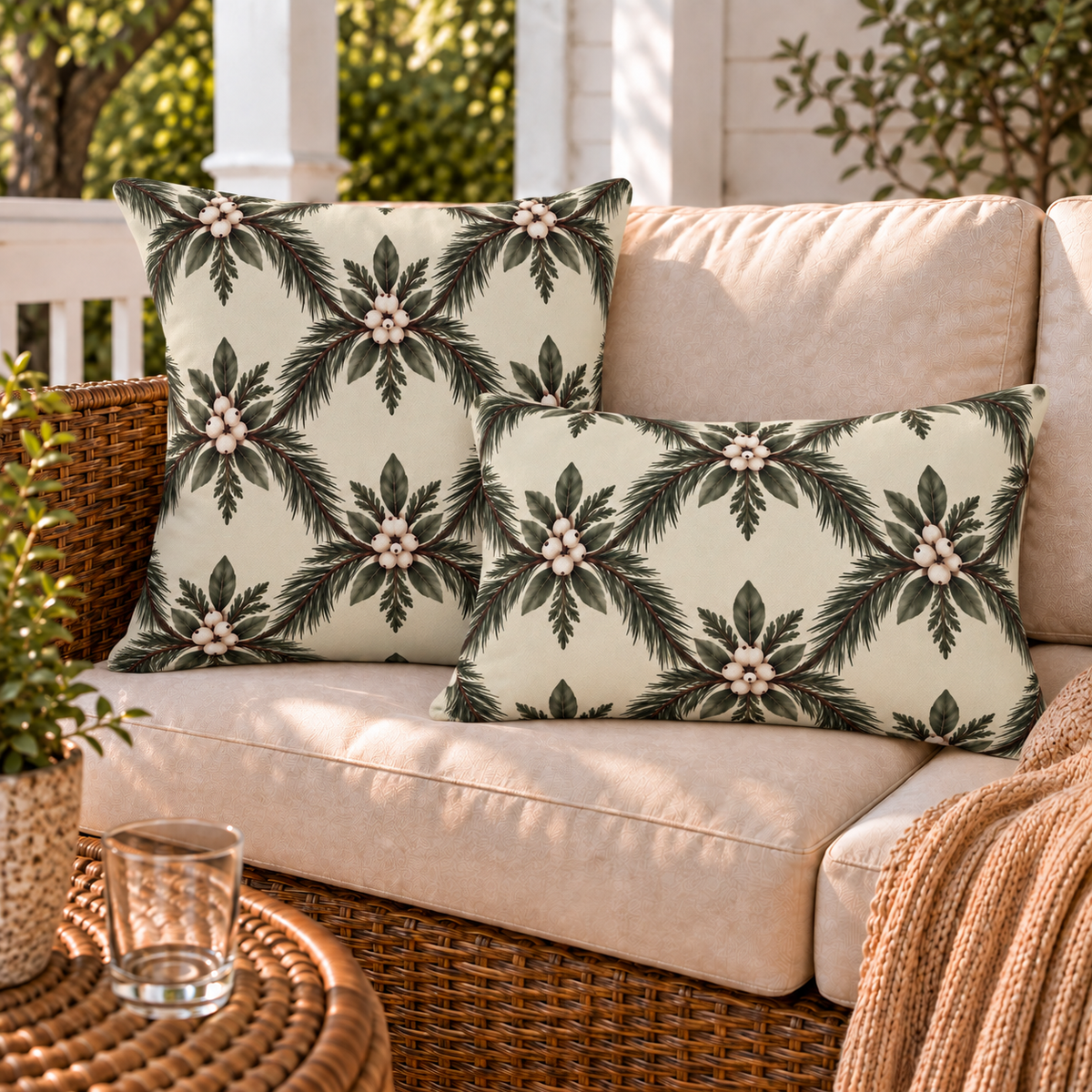 Winter outdoor pillows styled together on a porch sofa