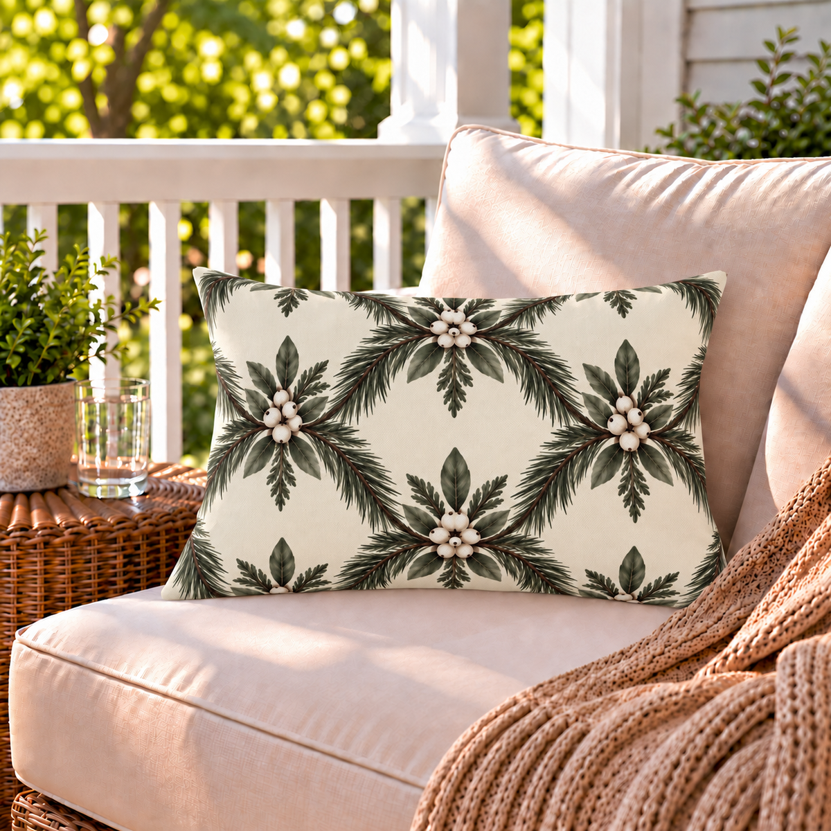 Cream outdoor lumbar pillow with pine and white berry lattice, second view