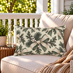 Cream outdoor lumbar pillow with ivory bows and winter greenery, second view