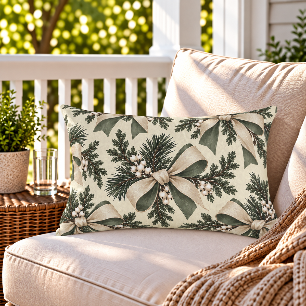Cream outdoor lumbar pillow with ivory bows and winter greenery, second view