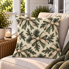 Cream outdoor pillow with ivory bows and winter greenery, second view