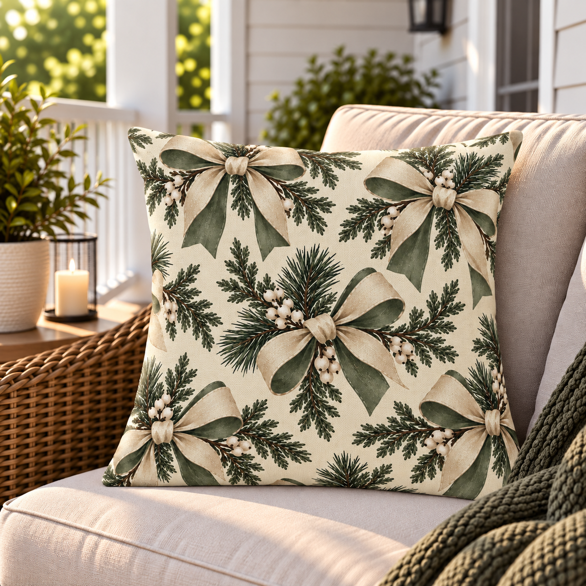 Cream outdoor pillow with ivory bows and winter greenery, second view