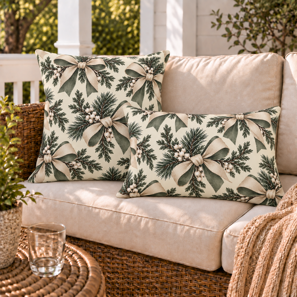 Winter outdoor pillows styled together on a porch sofa
