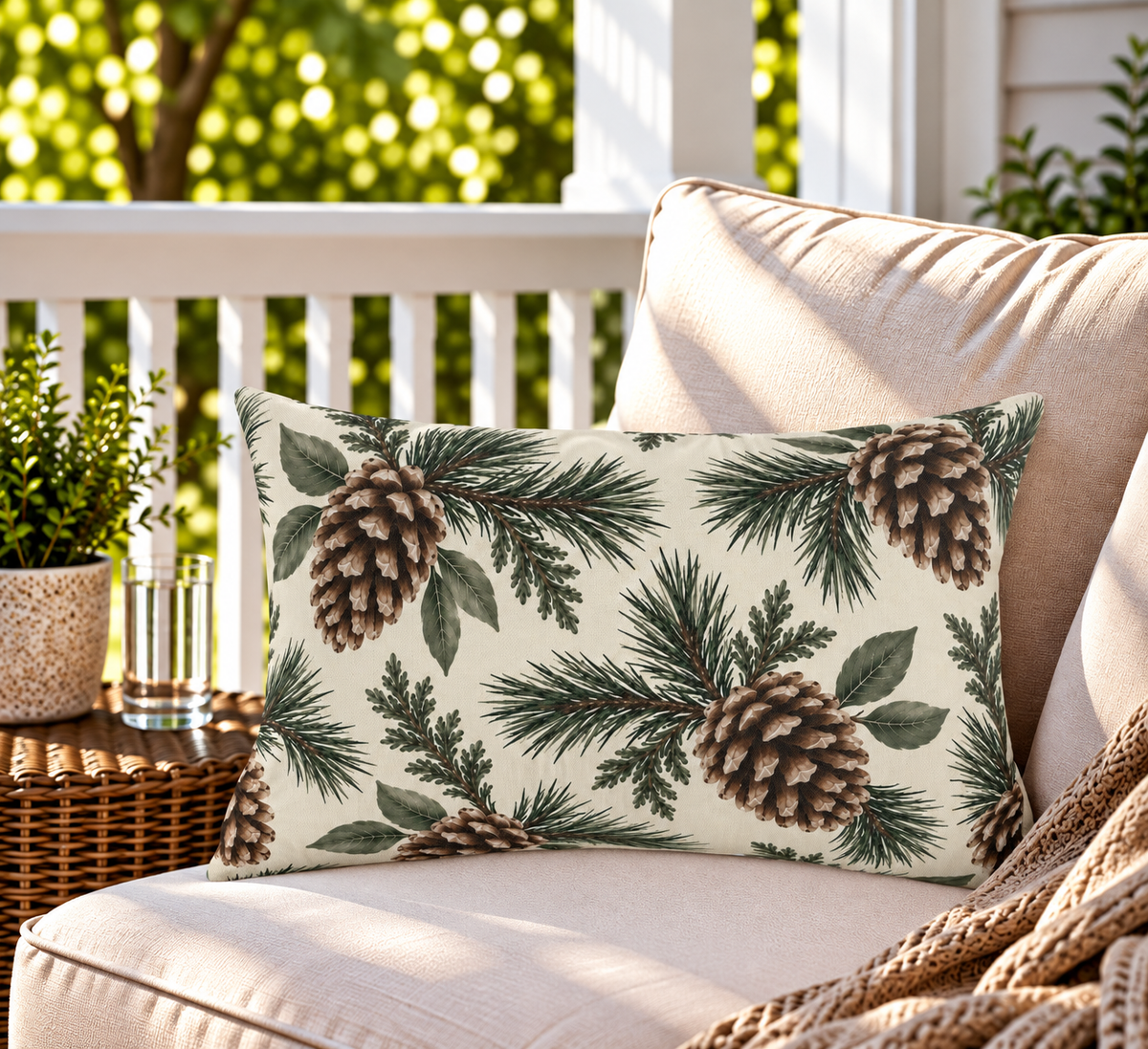 Cream outdoor lumbar pillow with pinecones and evergreen branches, second view