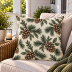Cream outdoor pillow with pinecones and evergreen branches, second view