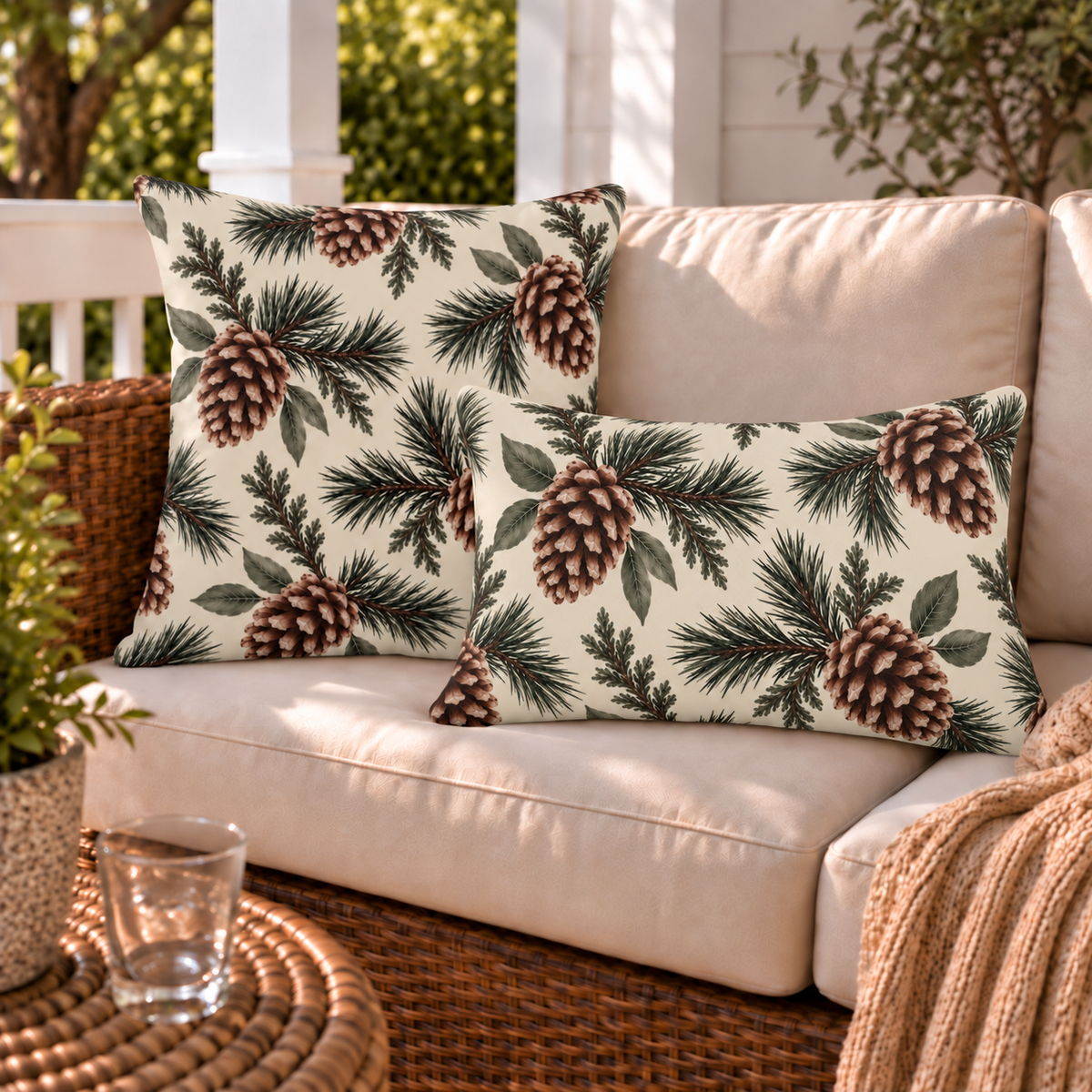 Winter outdoor pillows styled together on a porch sofa