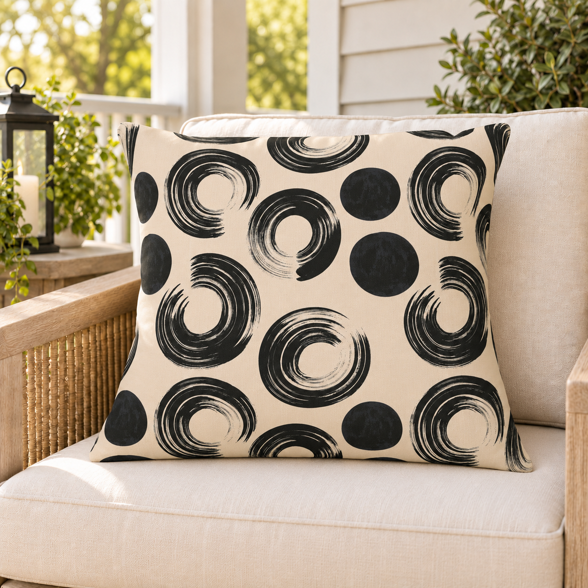 Oatmeal outdoor pillow with black brushed rings and dots, second view