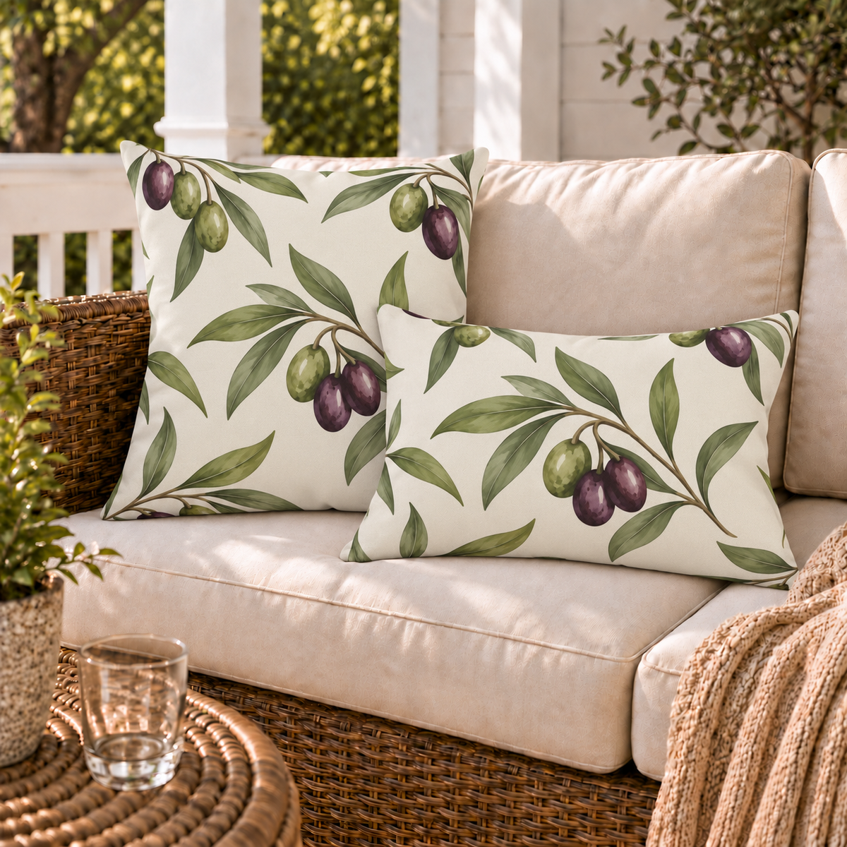 Watercolour olive branches with green and purple olives on cream
